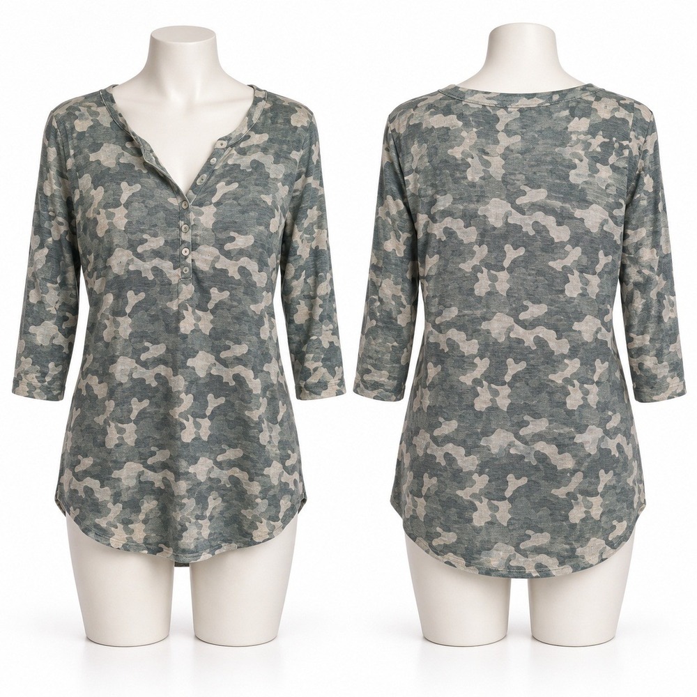 Nicole Miller New York Womens L 100% Linen Camo Henley Tunic Top 3/4 Sleeve